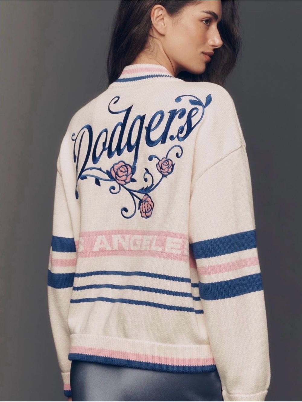 Anthropologie x Wild Collective LA Dodgers Embroidered Knit Bomber Jacket.